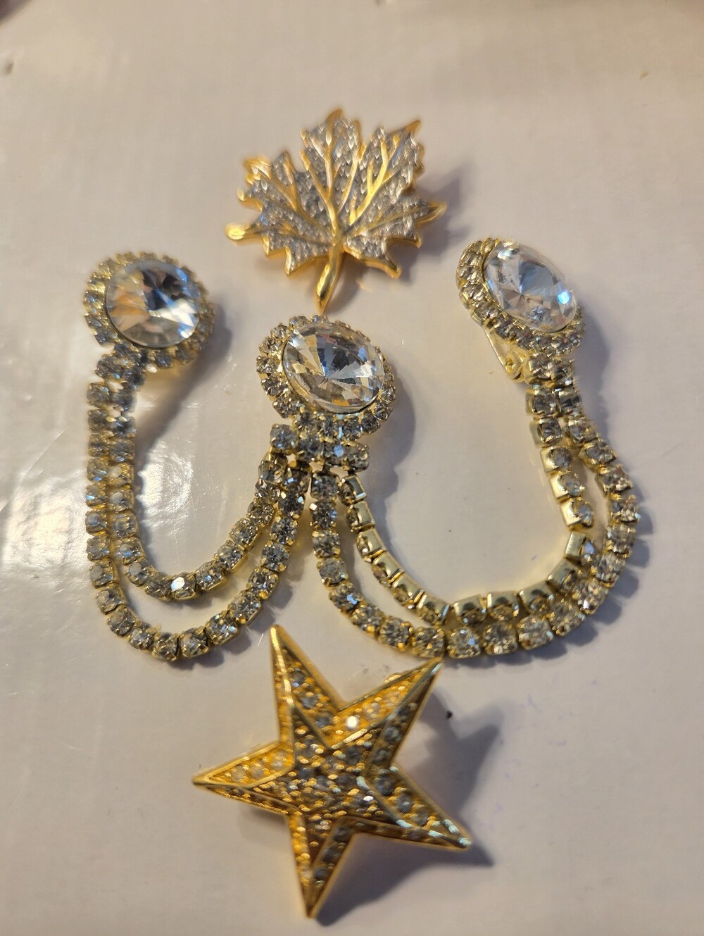 Gold-Tone Crystal Star & Leaf Brooch Set - Clear Crystal Accents